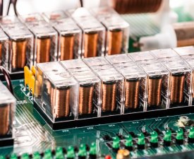 Close-up of a coil with copper wire is connected to a large green microcircuit in the production of automated control systems and electronics. Military base concept